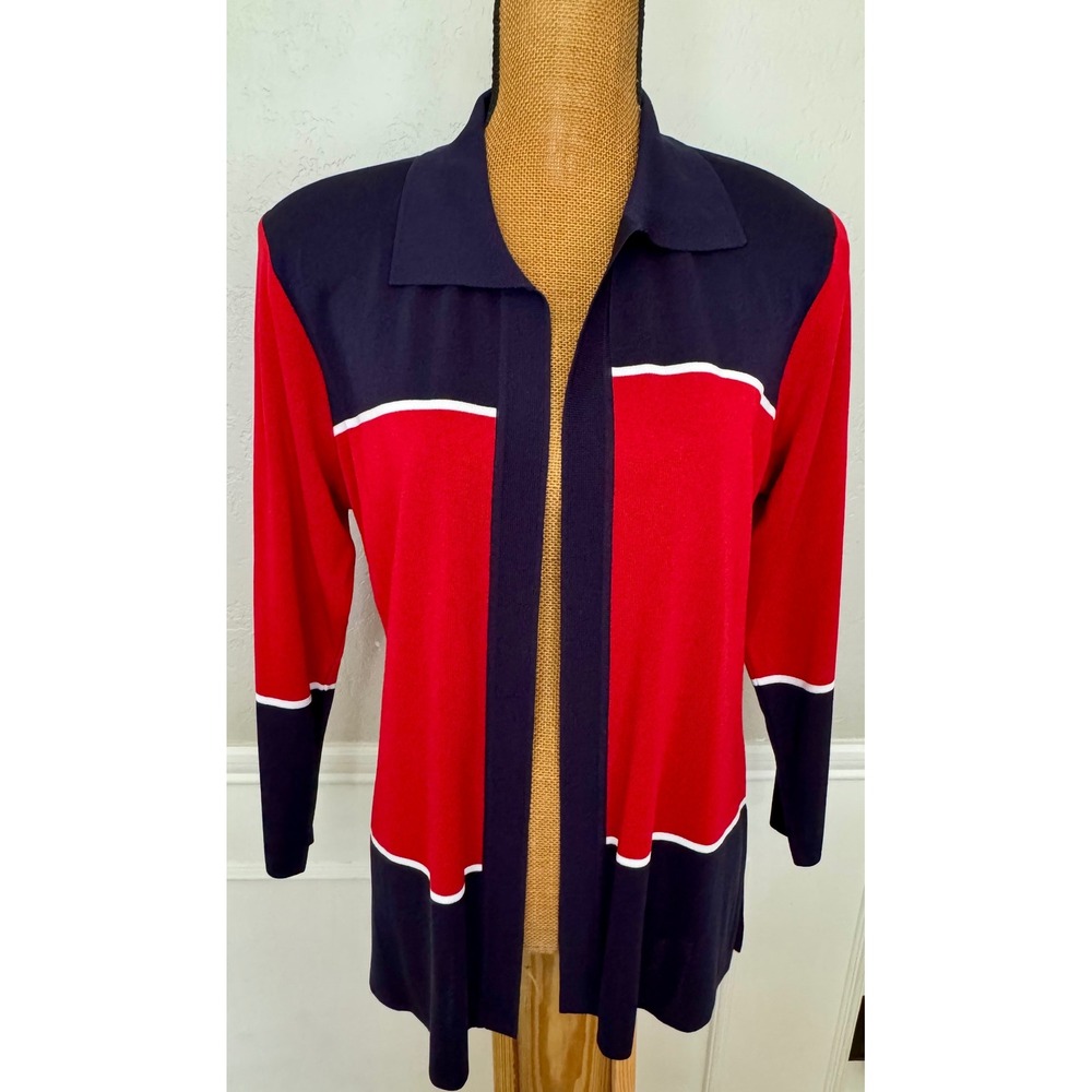 Misook Petite Colorblock Cardigan Navy Blue Red White Open Front Knit Sweater M